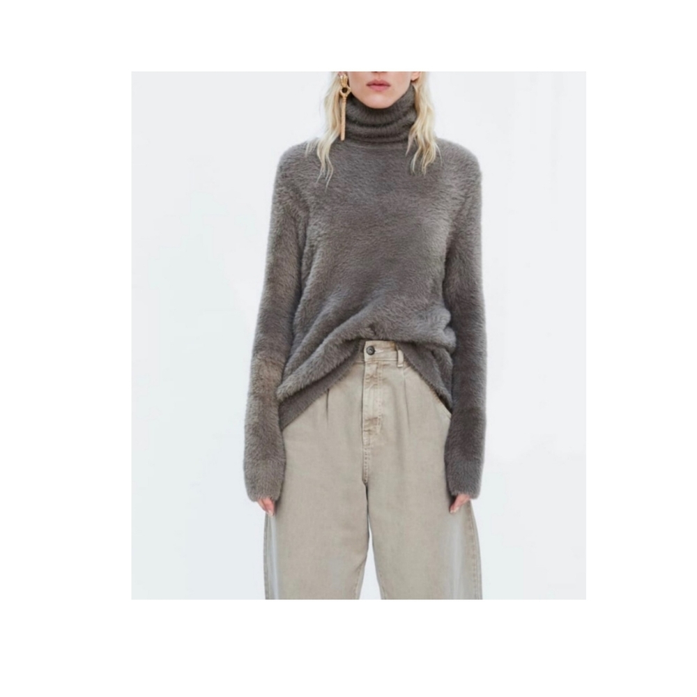 Nwot zara taupe fuzzy faux fur turtleneck sweater